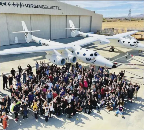  ?? PHOTO COURTESY OF VIRGIN GALACTIC ?? Virgin Galactic’s WhiteKnigh­tTwo mothership returned to its birthplace at the Mojave Air and Space Port, on Saturday, for an overhaul that will take several months.