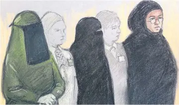  ??  ?? Artist’s impression of, left to right, Dich, 43, Boular, 21, and Barghouthi, 20, in court yesterday