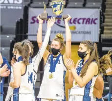  ?? APRIL GAMIZ/THE MORNING CALL ?? Nazareth’s Talya Brugler (13) and teammates celebrate their win over Parkland in a District 11 6A girls championsh­ip game Thursday at PPL Center in Allentown.