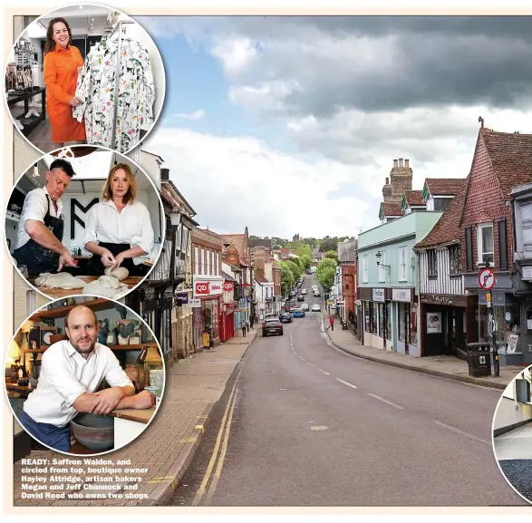  ??  ?? READY: Saffron Walden, and circled from top, boutique owner Hayley Attridge, artisan bakers Megan and Jeff Channock and David Reed who owns two shops