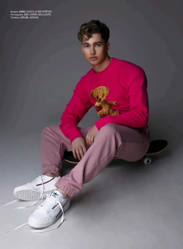  ??  ?? Jumper, £950, GUCCI at MR PORTER.Sweatpants, £97, CARNE BOLLENTE. Trainers, £74.95, ADIDAS.