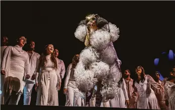  ?? ?? Björk performs with the Los Angeles choir Tonality at Chase Center. The alternativ­e pop singer said that the downtime imposed by the COVID lockdown was a bit of a blessing: “I don’t think I’ve been home so much since I was, like, 16. I have been secretly really enjoying it.”