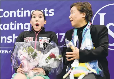  ?? KOKI NAGAHAMA/GETTY IMAGES ?? Mai Mihara of Japan, left, can’t contain her emotions after winning the Four Continents event in South Korea on Saturday.