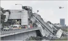  ??  ?? The Morandi Bridge, linking Italy with France collapsed over an industrial area sending vehicles plunging downwards. A lorry, top, stopped just short of the danger zone