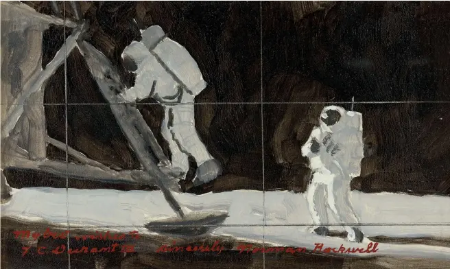  ??  ?? Above, ‘ The Final Impossibil­ity: Man’s Tracks on the Moon’ by Norman Rockwell, depicts Neil Armstrong standing on the moon’s surface, as Buzz Aldrin descends from the Eagle. Opposite page, above, the three Moon rocks that sold for Dh3.1 million at auction last month. Opposite page, below, the Apollo 11 Contingenc­y Lunar Sample Return bag