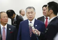  ??  ?? TOKYO: President of Tokyo 2020 Olympics organising committee Yoshiro Mori speaks to the media after a Four-Party Working Group meeting to present the first official cost estimate for the 2020 Tokyo Games in Tokyo yesterday. The 2020 Olympics in Tokyo...