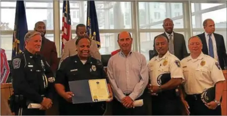  ?? SUBMITTED PHOTO ?? Officer and Veteran Jennifer Jones, second from left, accepts citation at Chester City Council meeting with DCVMA Board members, fellow officers and Council members.