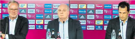  ?? BILD: FC BAYERN TV ?? Denkwürdig­er Auftritt: (von links) Karl-Heinz Rummenigge, Uli Hoeneß und Hasan Salihamidz­ic