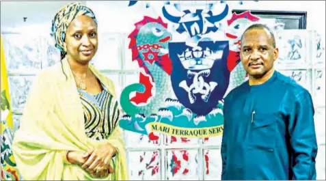  ??  ?? Hadiza Bala- Usman, MD, Nigerian Ports Authority ( left) and Bashir Jamoh, Director- General of NIMASA, who paid her a visit at NPA HQ recently