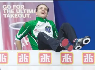  ?? Canadian Press photo ?? Saskatchew­an skip Adam Casey takes a break during draw 3 action against Alberta at the Tim Hortons Brier curling championsh­ip at Mile One Centre in St. John's on Sunday.