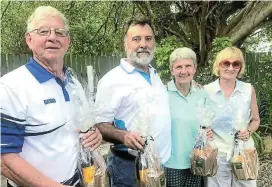  ?? ?? THAT VICTORY FEELING: The Pam Golding sponsored competitio­n winners at Kowie Bowling Club, from left, are Dave Freeme, Andrew Meyer from Pam Golding, Ronel Hugh and Beth Abbott. Jason Prince was absent for the photo