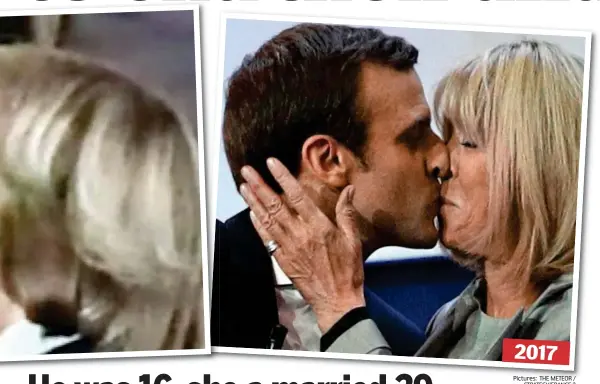  ??  ?? Man and boy: Emmanuel Macron shares a kiss with his wife Brigitte (left) last week and 24 years ago in 1993 (far left) 2017 Pictures: THE METEOR / STRATEGY/FRANCE 3