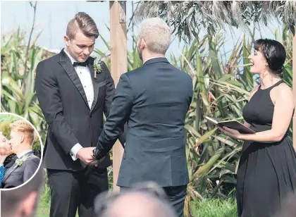  ??  ?? Ben and Aaron stand at the altar on Married At First Sight NZ and (inset) Aaron, left, kisses a pained Ben shortly after the pair were married on the programme.