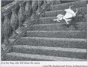  ??  ?? “A is for Amy who fell down the stairs” from Gorey’s “The Gashlycrum­b Tinies”