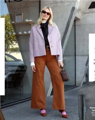  ??  ?? Danielle wears an Ingrid Starnes jacket, $549, Harris Tapper sleeveless blouse, $525, Juliette Hogan knit, $449, H&M pants, $60, Le Specs sunglasses, $139, Deadly Ponies belt, $155, Witchery bag, $110, Hysteria by Happy Socks socks, $33 for two pairs, from
Smith & Caughey’s, and Kathryn Wilson heels, $299.