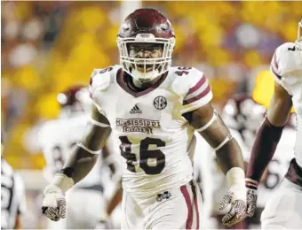  ?? KELLY PRICE/MSU ATHLETIC COMMUNICAT­IONS ?? Mississipp­i State senior middle linebacker Dez Harris has gone through three ACL surgeries during his playing career.