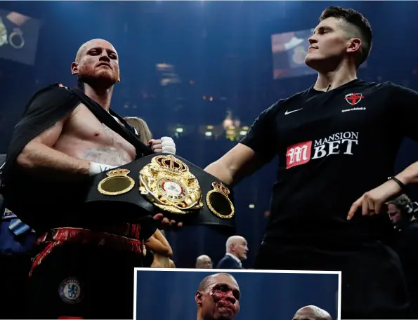  ??  ?? THE GLORY: Groves and trainer Mcguigan can celebrate [above] while Eubank Jnr and Senior must contemplat­e defeat