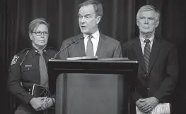  ?? Jake May/The Flint Journal-MLive.com via AP ?? On Saturday, attorney General Bill Schuette announces an open and ongoing investigat­ion into the systemic issues with sexual misconduct at Michigan State University, which began in 2017, at the G. Mennen Williams Building in Lansing, Mich.