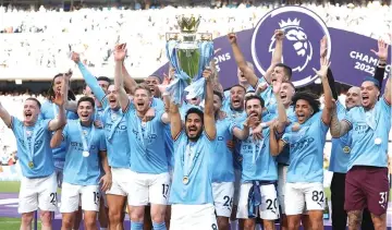  ?? — Picture: SkySports ?? PARTY TIME . . . Manchester City playerscel­ebrate winning the 2022-23 English Premier Soccer League title soon after their match against Chelsea yesterday.