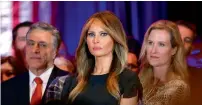  ?? — Reuters, AFP ?? Supporters of Hillary Clinton cheer at her five-state primary night rally in Philadelph­ia; right, Melania Trump watches as her husband Donald Trump speaks to supporters and the media in New York.