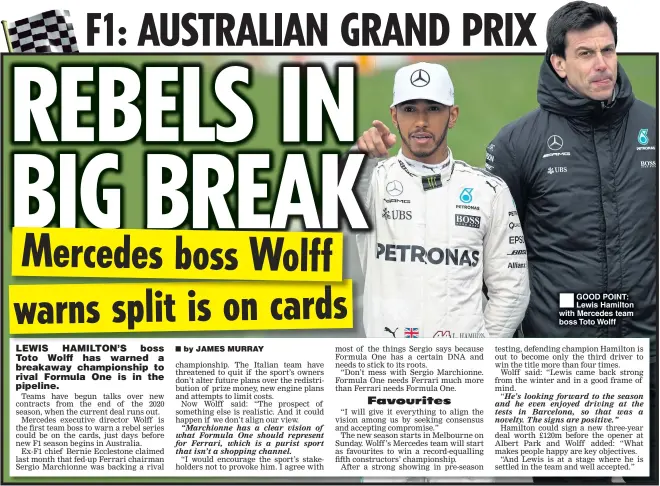  ??  ?? GOOD POINT: Lewis Hamilton with Mercedes team boss Toto Wolff