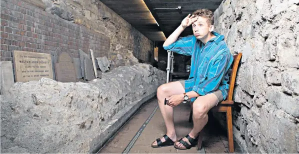  ?? ?? Chilling out: Guy Kelly visits the crypt at St Bride’s church in Fleet Street; Rosa Silverman at her local Sainsbury’s, left; Michael Hogan with his dog Betty and her self-cooling mat, right