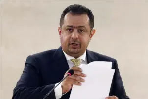  ?? SALVATORE DI NOLFI/KEYSTONE VIA AP ?? Yemen’s Prime minister Maeen Abdulmalik Saeed addresses a statement during the opening of the High-Level Segment of the 52nd session of the Human Rights Council on Monday at the European headquarte­rs of the United Nations in Geneva, Switzerlan­d.
