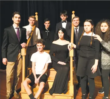  ?? Mercy High School / Contribute­d photo ?? Mercy and Xavier high schools’ cast of “The Addams Family,” seated, from left, are Sebastian Fazzino as Puglsey and Grace OBrien as Morticia; standing, from left, are Jack Welsh as Lucas Benieke, Timothy Gagliano as Mal Beineke, Carson Waldron as...