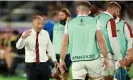  ?? ?? Eddie Jones issues instructio­ns to his replacemen­ts during the 2019 World Cup semi-final against New Zealand, one of his signature wins. Photograph: David Rogers/ Getty Images