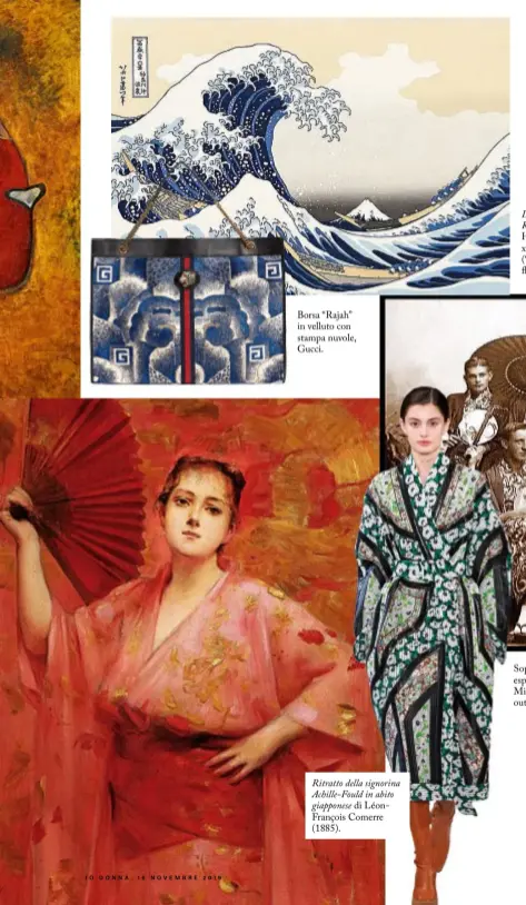 ??  ?? Borsa “Rajah” in velluto con stampa nuvole, Gucci.
Ritratto della signorina Achille-fould in abito giapponese di Léonfranço­is Comerre (1885).