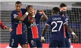  ??  ?? Paris Saint-Germain’s players celebrate progress to the last four of the Champions League, despite losing 1-0 on the night at home to Bayern Munich. Photograph: Franck Fife/ AFP/Getty Images