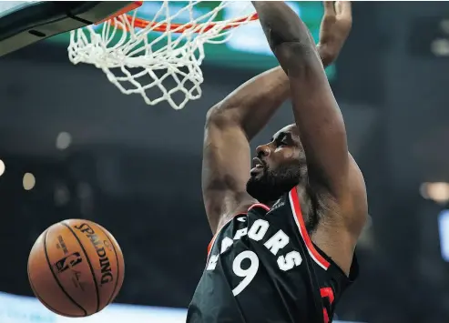  ?? MORRY GASH / THE ASSOCIATED PRESS ?? Toronto Raptors power forward Serge Ibaka is seeing more floor time with Kyle Lowry this season, and the two have developed a chemistry that has helped the Raptors get off to a winning start.