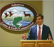  ?? Arkansas Democrat-Gazette/Thomas Metthe ?? Austin Booth speaks after he was named the new director of the Arkansas Game and Fish Commission on May 27, 2021, at the AGFC headquarte­rs in Little Rock.