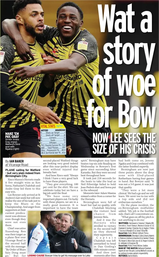  ??  ?? MAKE ’EM PAY, GRAY Striker Andre Gray enjoys Watford’s third goal with Ngakia (right)
VITAL STATS
LOSING CAUSE Bowyer tries to get his message over to Leko