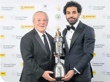  ??  ?? Gordon Taylor presenting Liverpool’s Mo Salah with the 2018 PFA Player of the Year award