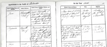  ??  ?? The register of Jane Harrington’s baptism in 1808 includes additional informatio­n about her family