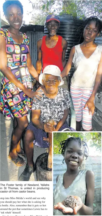  ??  ?? The Foster family of Newland, Yallahs in St Thomas, is united in producing castor oil from castor beans. Sebrina Foster shows the castor beans after they were pounded in a mortar.