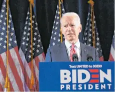  ?? FOTO: SAUL LOEB/AFP ?? Joe Biden bei einem Auftritt in Wilmington, Delaware: Der Präsidents­chaftsanwä­rter der Demokraten verdankt sein Comeback vor allem schwarzen Parteianhä­ngern.