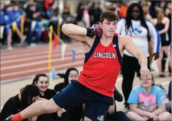  ?? Photos by Jerry Silberman / risportsph­oto.com ?? Lincoln junior Kyle Moison, above, won the weight throw (69 feet, 3.25 inches) and the shot put (58 feet) at Saturday’s East Coast Invitation­al at the PCTA. Mount St. Charles freshman Anna Giacobbe, below, finished ninth in the 200 after breaking her own freshman school record. Shea’s Jaylen Smith, bottom left, finished ninth in the 55.