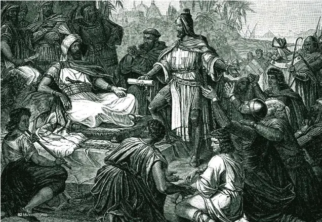  ?? AGE ?? REHÉN OCCIDENTAL. Abajo, en una xilografía del siglo XIX, el sultán Al-Kamil recibe a Luis I de Baviera, a quien hizo prisionero durante la Quinta Cruzada, en 1221.