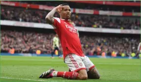  ?? Photo: Yahoo Sport ?? On a mission…Arsenal quickly re-establishe­d their eight-point lead at the top of the Premier League as Gabriel Jesus’ first goals since October inspired a 4-1 rout of Leeds on Saturday.