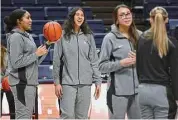  ?? Jessica Hill/Associated Press ?? UConn’s Jana El Alfy, second from left, smiles as her team warms up before a game last season in Storrs.