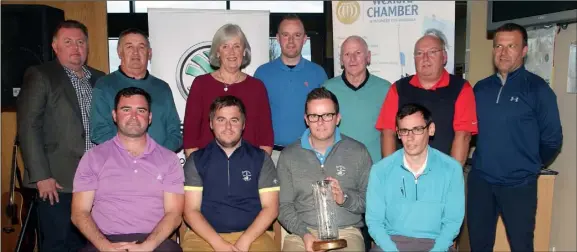  ??  ?? At the presentati­on of prizes in Wexford Golf Club (from left) back – Lee Rogers, St Patrick’s Special School; Roy Doyle; Madeleine Quirke, CEO, Wexford Chamber; Kevin Murphy; Larry O’Neill; Denis Duggan; and Tony Doirazil. Front – Greg Kelleher; Gary...