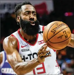  ?? NELL REDMOND / AP ?? Rockets guard James Harden practiced with his team for the first time in more than four months Thursday, saying his arrival at the league’s restart bubble at Walt Disney World was delayed by family issues. “He probably was rusty for about 30 seconds,” coach Mike D’Antoni said.