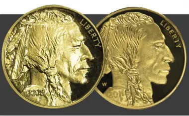  ?? Courtesy Universal Coin/Jerry Jordan ?? Genuine
Genuine 2008-W American Buffalo 1/2-ounce .9999 gold bullion coin. This genuine example does not display overwhelmi­ng hair details in the Indian’s hair.