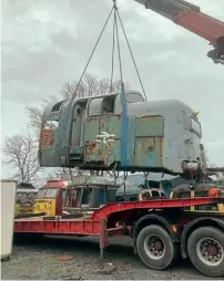  ?? Richard Benyon ?? The surviving cab from 55021 is lifted onto a road trailer for movement from The Cab Yard to IW Fabricatio­n’s workshops in Staffordsh­ire on March 9. Following repairs, the cab will move to the DPS Depot at Barrow Hill for a two-year stay, before moving to The Cab Yard’s new facility at the Llanelli and Mynydd Mawr Railway.