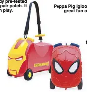  ??  ?? Iron Man and Spiderman rides on toy box have kids’ favorite heroes in a cool toy storage with three-in-one features. The storage includes a dual-purpose strap for pulling or carrying.