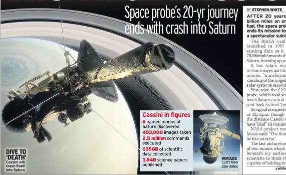  ??  ?? DIVE TO ‘DEATH’ Cassini will crash itself into Saturn