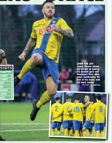  ?? PICTURE: ShutterPre­ss ?? JUMP FOR JOY: Jamie Owens shows his delight at adding his second goal and Stockton’s third after, inset, celebratin­g the first of his brace with his team mates