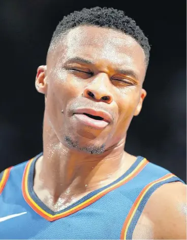  ?? [PHOTO BY BRYAN TERRY, THE OKLAHOMAN] ?? Oklahoma City’s Russell Westbrook reacts during Thursday’s game against the Boston Celtics at Chesapeake Energy Arena. The Celtics won, 101-95.